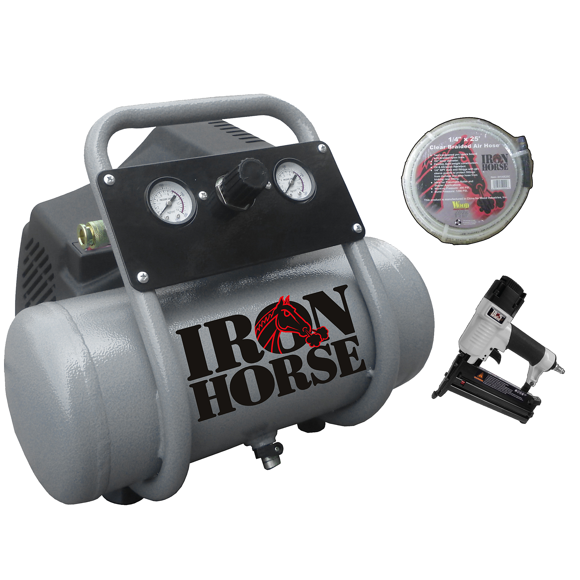 Iron Horse, Air Compressor +2in. Nailer Stapler 25ft. Air Hose, Horsepower 1 HP, Air Tank Size 2 Gal, Volts 120 Model# IHHD102OF-NK2